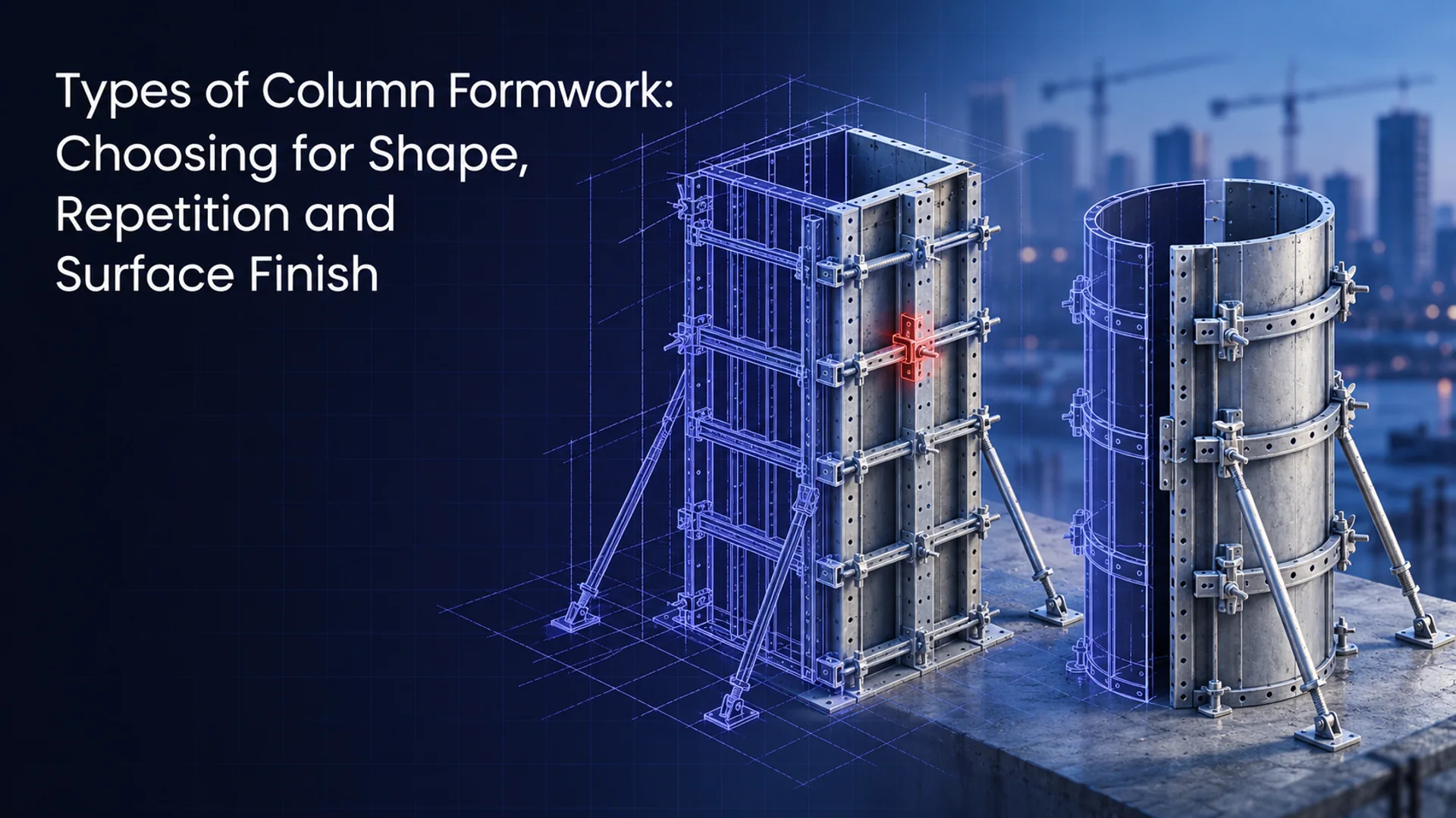 Square and circular column formwork shown with a technical blueprint overlay.
