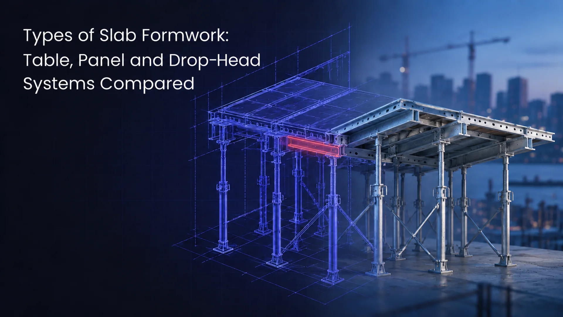 Slab formwork panels and adjustable supports shown with a technical blueprint overlay.