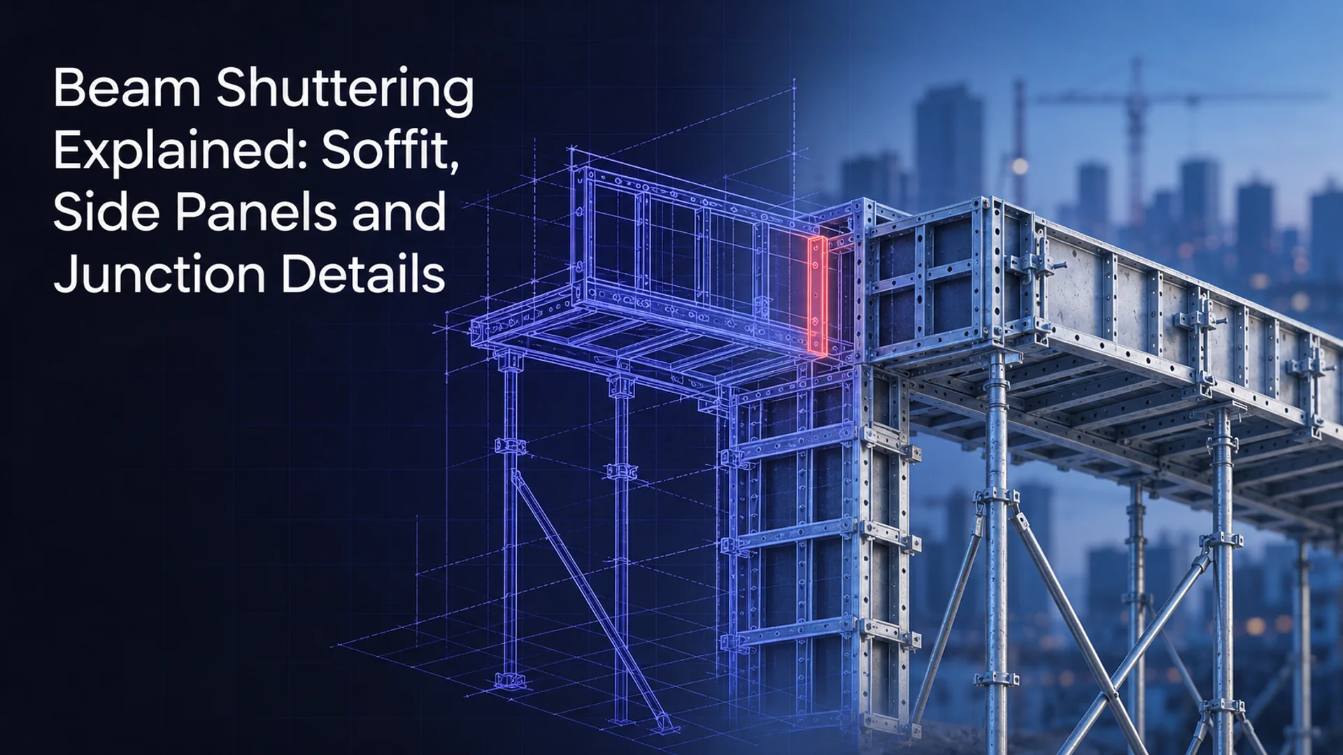 Beam soffit, side panels and a column junction shown with a technical blueprint overlay.